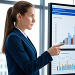 A focused female professional, fully clothed in a modest business suit, stands confidently in a bright, modern office. She is observing a large, sleek digital screen displaying abstract data visualizations and dynamic charts, indicating strategic thinking and a future-focused approach to business. The office features clean lines and minimalist design, with ample natural light. The overall atmosphere is professional and innovative. Perfect anatomy, correct proportions, natural pose, well-formed hands, proper finger count, natural body proportions. Safe for work, appropriate content, fully clothed, professional dress, high quality, realistic photography, sharp focus.