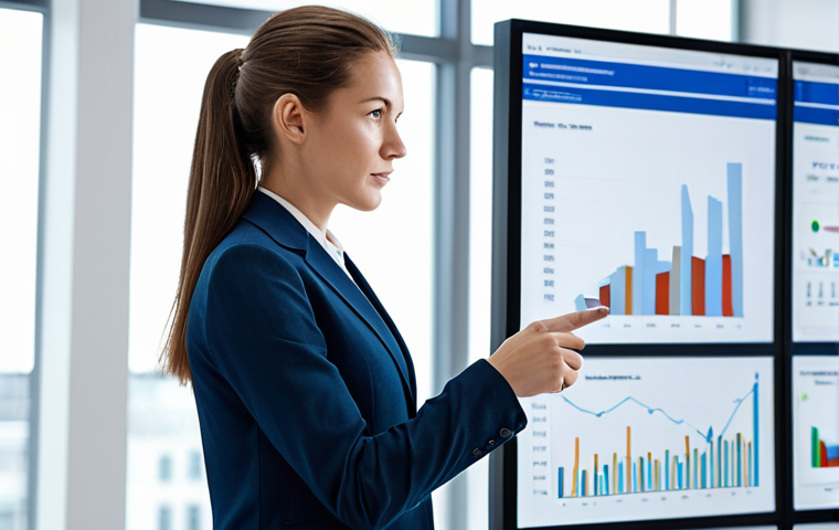 A focused female professional, fully clothed in a modest business suit, stands confidently in a bright, modern office. She is observing a large, sleek digital screen displaying abstract data visualizations and dynamic charts, indicating strategic thinking and a future-focused approach to business. The office features clean lines and minimalist design, with ample natural light. The overall atmosphere is professional and innovative. Perfect anatomy, correct proportions, natural pose, well-formed hands, proper finger count, natural body proportions. Safe for work, appropriate content, fully clothed, professional dress, high quality, realistic photography, sharp focus.