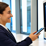 Home 10 Biometric Authentication in a Modern Bank**
"A businesswoman in a stylish, fully clothed business suit is smiling as she uses facial recognition on a tablet to access her bank account in a modern, brightly lit Italian bank branch. Background includes other customers and tellers. Safe for work, appropriate content, professional, perfect anatomy, correct proportions, well-formed hands, natural pose, high quality."
**