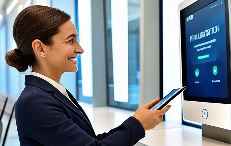 Biometric Authentication in a Modern Bank**
"A businesswoman in a stylish, fully clothed business suit is smiling as she uses facial recognition on a tablet to access her bank account in a modern, brightly lit Italian bank branch. Background includes other customers and tellers. Safe for work, appropriate content, professional, perfect anatomy, correct proportions, well-formed hands, natural pose, high quality."
**