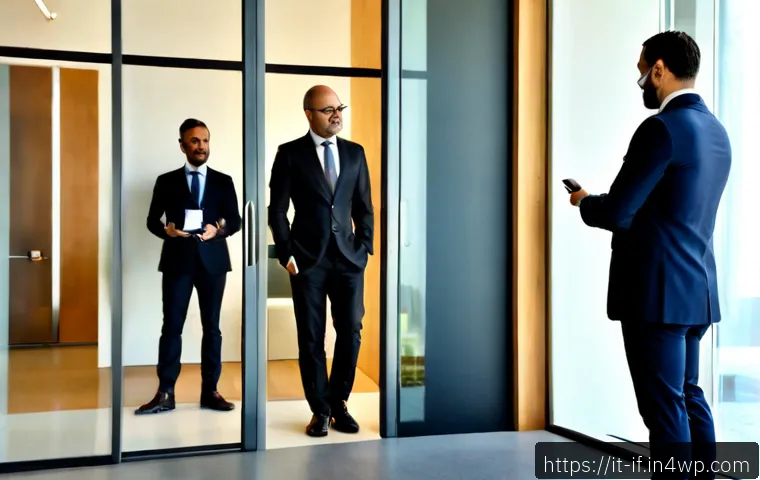 포스트 패스워드 시대의 기업 사례 연구 - Photorealistic Italian corporate office in Milan, diverse business team entering a modern glass meet...